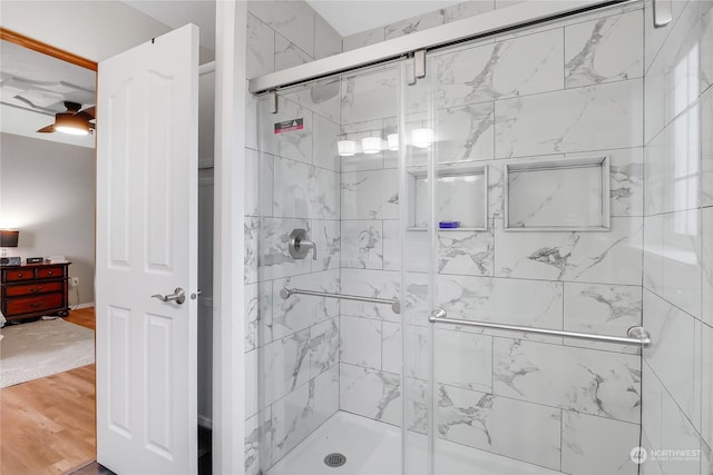 bathroom with walk in shower and hardwood / wood-style floors