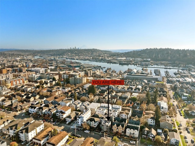 property's view of city featuring a water view