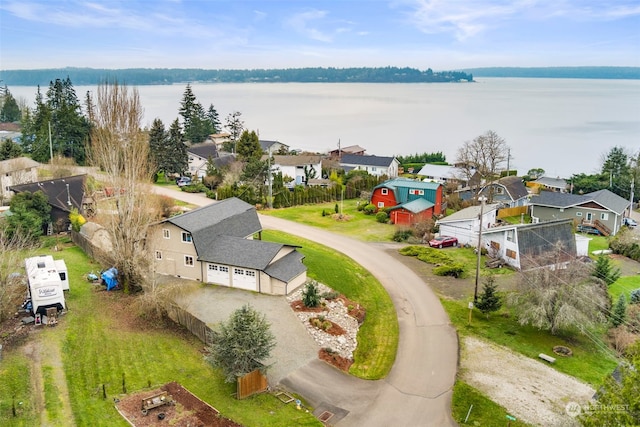 bird's eye view with a water view