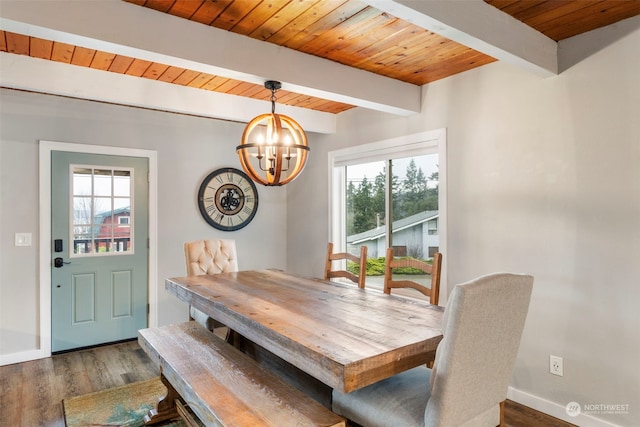 dining space with wooden ceiling, dark wood-type flooring, a notable chandelier, and beam ceiling