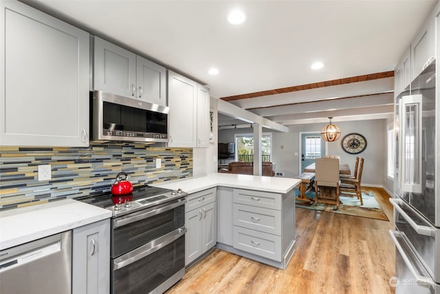 kitchen with stainless steel appliances, kitchen peninsula, decorative backsplash, gray cabinets, and beam ceiling