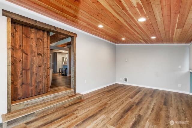 unfurnished room with wood-type flooring, ornamental molding, and wood ceiling