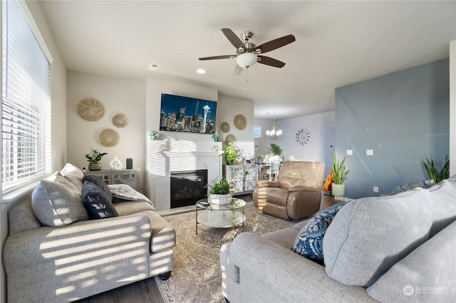 living room with ceiling fan