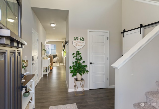 foyer entrance featuring dark hardwood / wood-style floors and a barn door