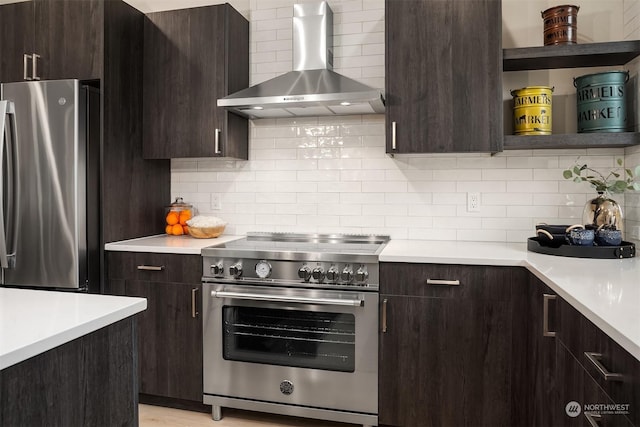 kitchen featuring backsplash, appliances with stainless steel finishes, wall chimney exhaust hood, and dark brown cabinetry