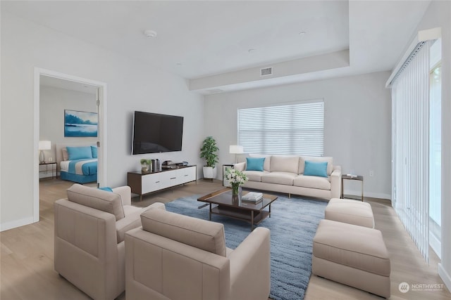 living room featuring a healthy amount of sunlight and light hardwood / wood-style flooring