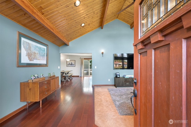 hallway featuring high vaulted ceiling, wooden ceiling, beam ceiling, and dark wood-type flooring