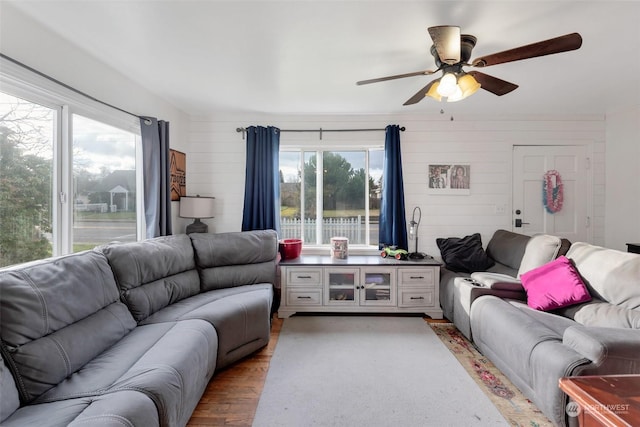 living room with ceiling fan, light wood-type flooring, and wood walls