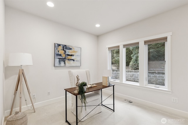 office area with recessed lighting, visible vents, and baseboards