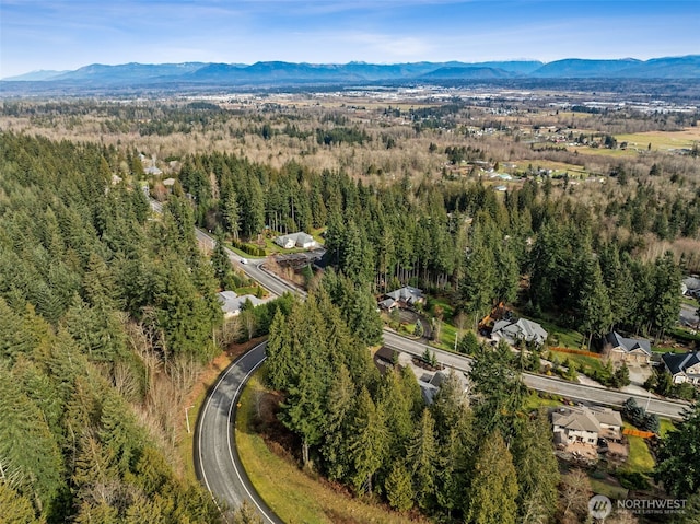 bird's eye view featuring a mountain view and a view of trees