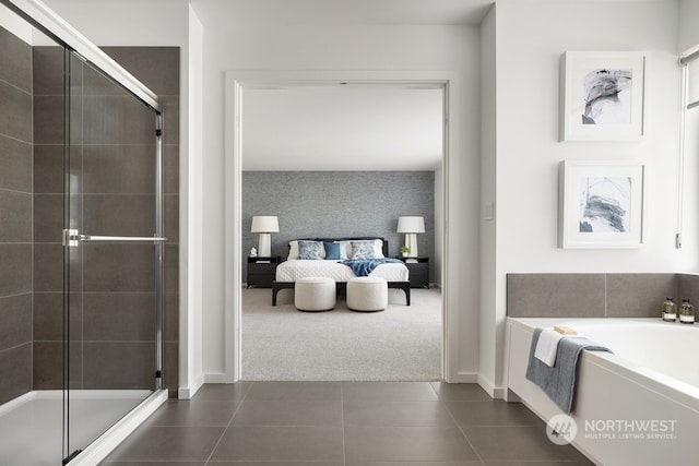 bathroom with independent shower and bath and tile patterned flooring