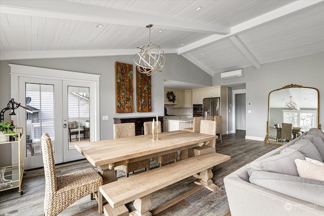 dining area with vaulted ceiling with beams, a wall mounted air conditioner, hardwood / wood-style flooring, french doors, and a chandelier