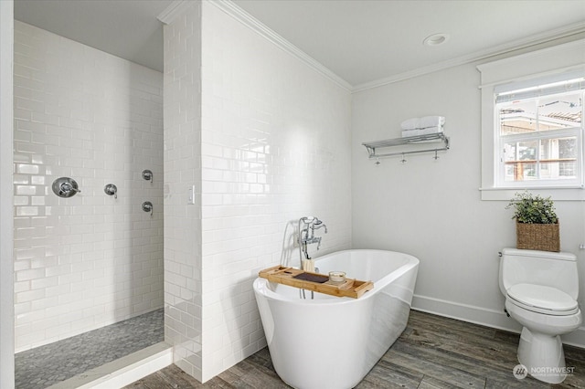 bathroom with separate shower and tub, toilet, crown molding, and hardwood / wood-style flooring