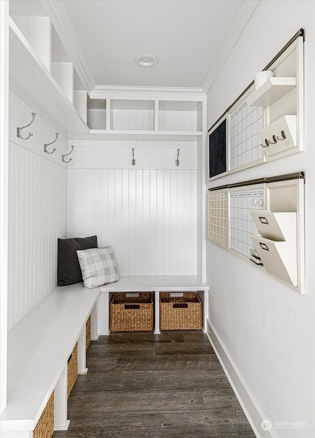 mudroom featuring dark hardwood / wood-style floors and crown molding