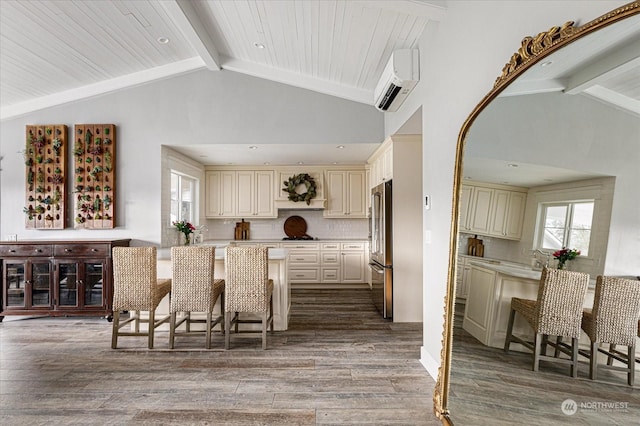 bar featuring a wall mounted AC, backsplash, high quality fridge, dark hardwood / wood-style flooring, and beamed ceiling