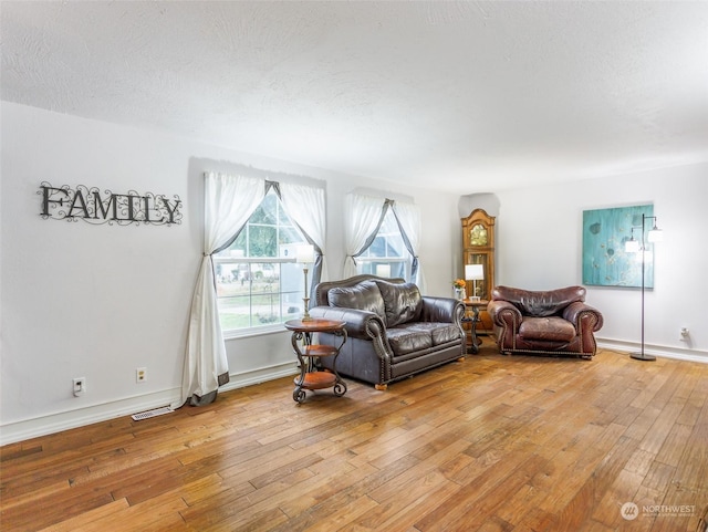 living room featuring a textured ceiling and light hardwood / wood-style flooring