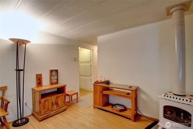 sitting room with a wood stove and light wood-style flooring