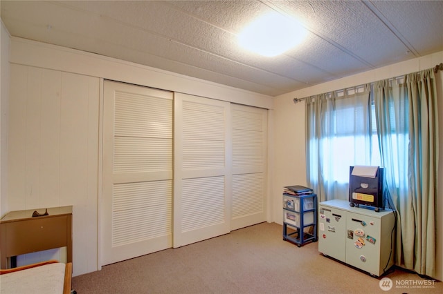 interior space with a textured ceiling and carpet