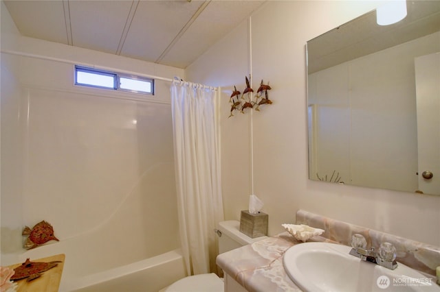 bathroom with toilet, shower / bathtub combination with curtain, and vanity