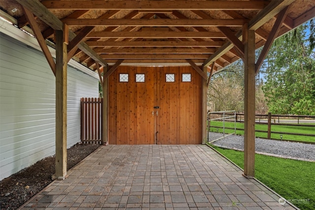 view of patio / terrace featuring an outdoor structure