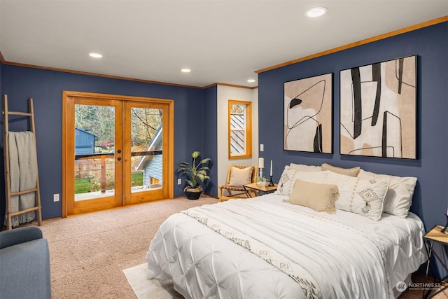 bedroom featuring french doors, access to exterior, ornamental molding, and light colored carpet