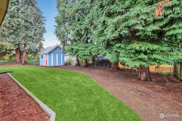 view of yard featuring a storage unit