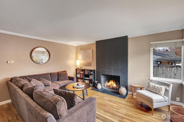 living room with light hardwood / wood-style flooring, crown molding, and a fireplace