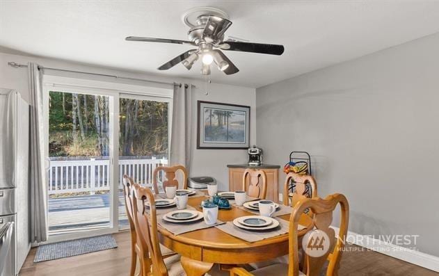 dining area featuring ceiling fan and light hardwood / wood-style floors