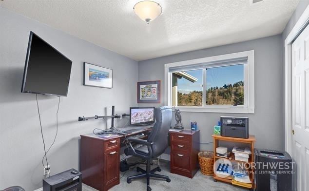 office featuring light carpet and a textured ceiling