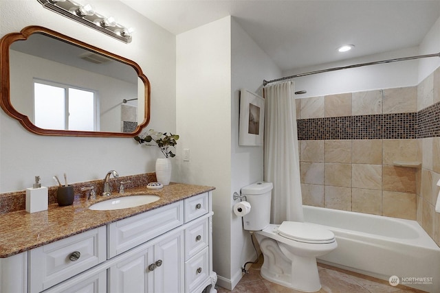 full bathroom with toilet, tile patterned flooring, shower / bath combo, and vanity