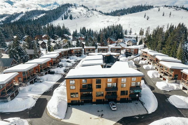 snowy aerial view with a mountain view