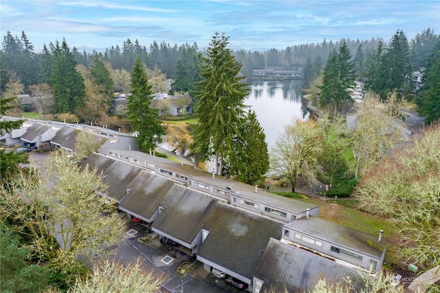 drone / aerial view with a water view