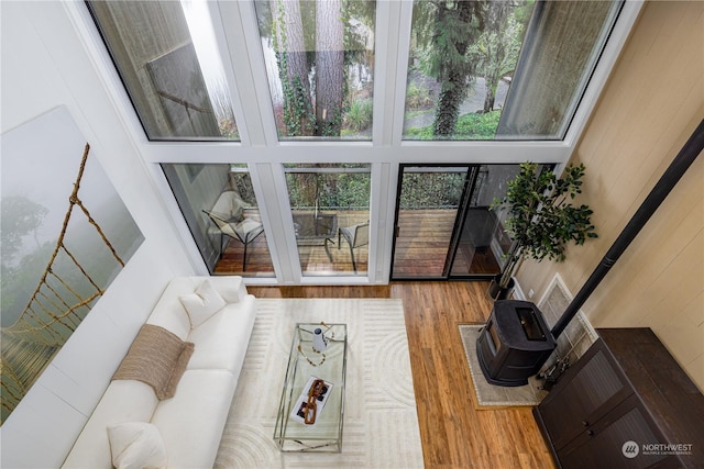 living room with a high ceiling and wood-type flooring