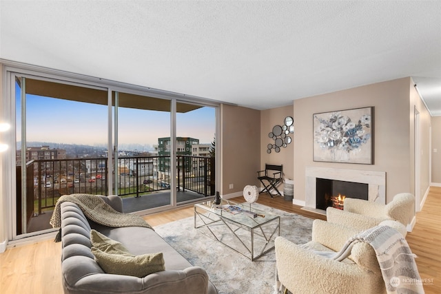 living room featuring light hardwood / wood-style floors, expansive windows, and a textured ceiling