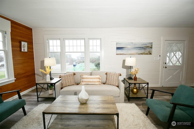 living room with wood walls and dark wood-type flooring