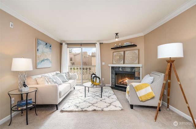 carpeted living room featuring a fireplace and ornamental molding