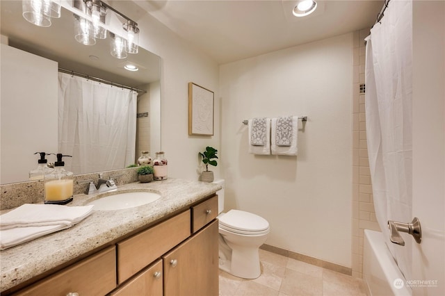 full bathroom with toilet, vanity, tile patterned flooring, and shower / bath combo