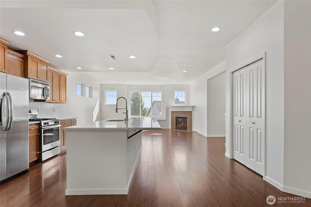 kitchen with a sink, recessed lighting, dark wood-style floors, and stainless steel appliances