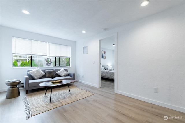 living room with a baseboard heating unit and light hardwood / wood-style floors