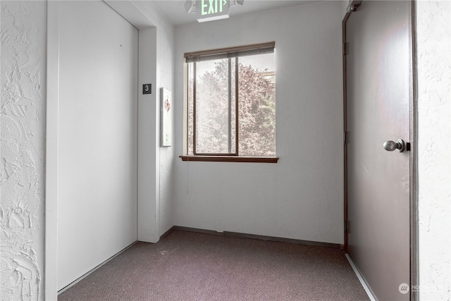 carpeted spare room featuring elevator