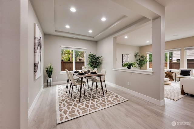 dining area with light hardwood / wood-style floors, a raised ceiling, and plenty of natural light