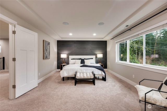 bedroom with light carpet