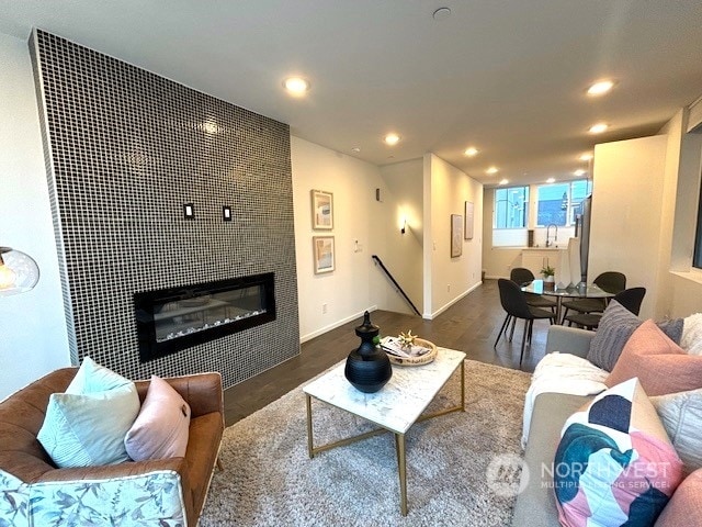 living room featuring sink and dark wood-type flooring