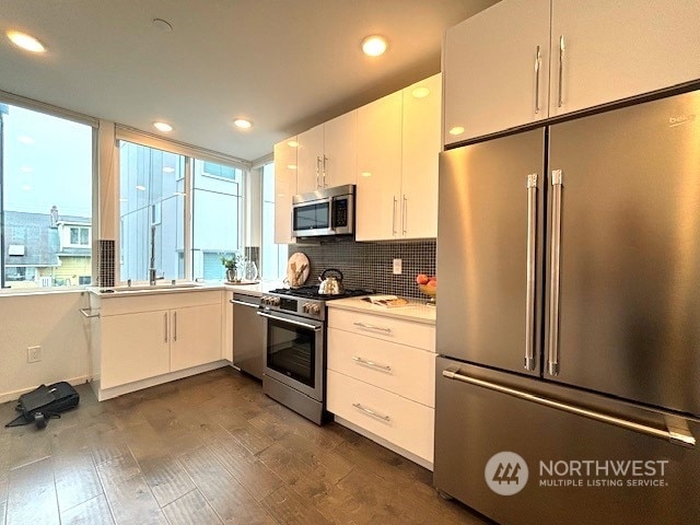 kitchen with high end appliances, dark hardwood / wood-style floors, backsplash, white cabinetry, and sink