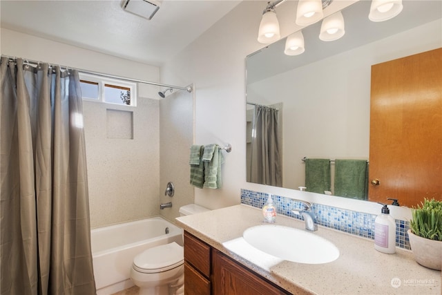 full bathroom with tasteful backsplash, vanity, shower / bath combination with curtain, and toilet