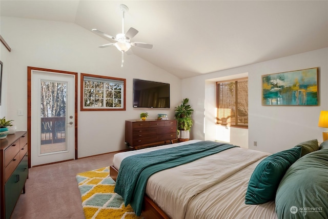 bedroom featuring ceiling fan, lofted ceiling, light carpet, and access to outside