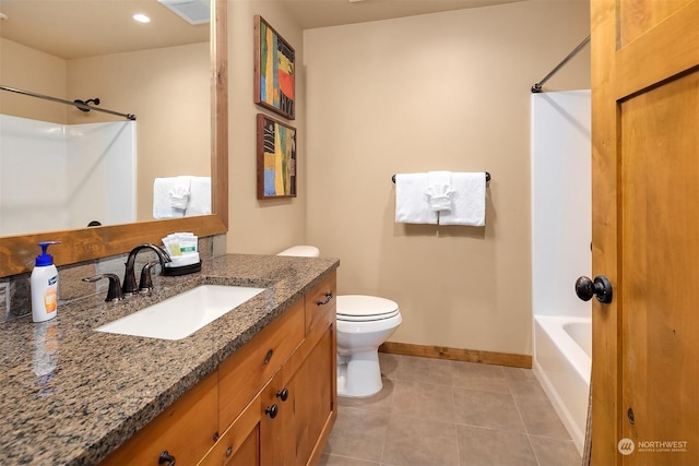 full bathroom featuring vanity, shower / bathing tub combination, tile patterned floors, and toilet