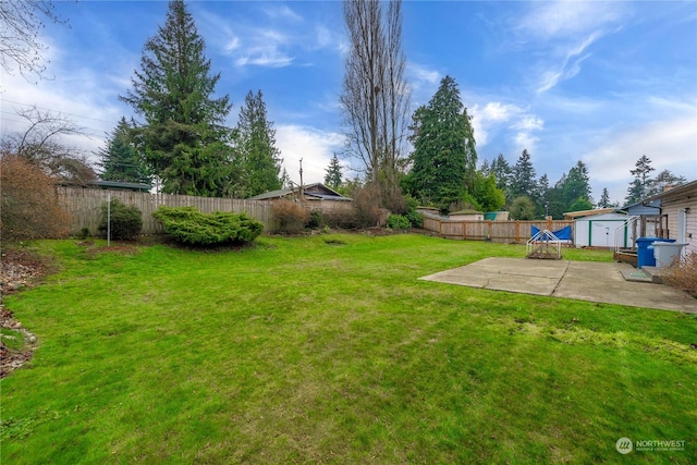 view of yard with a storage unit and a patio