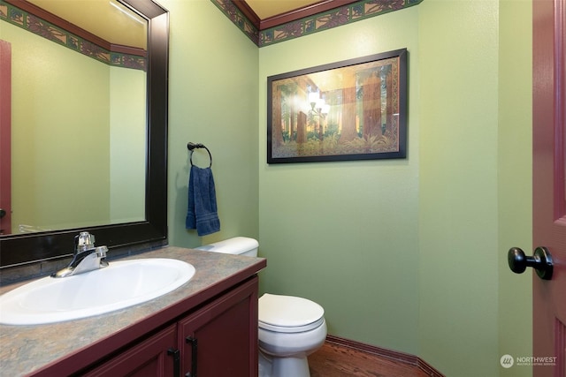 bathroom featuring toilet, wood-type flooring, and vanity