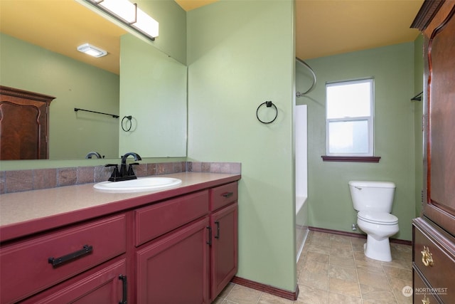 full bathroom with toilet, tub / shower combination, and vanity